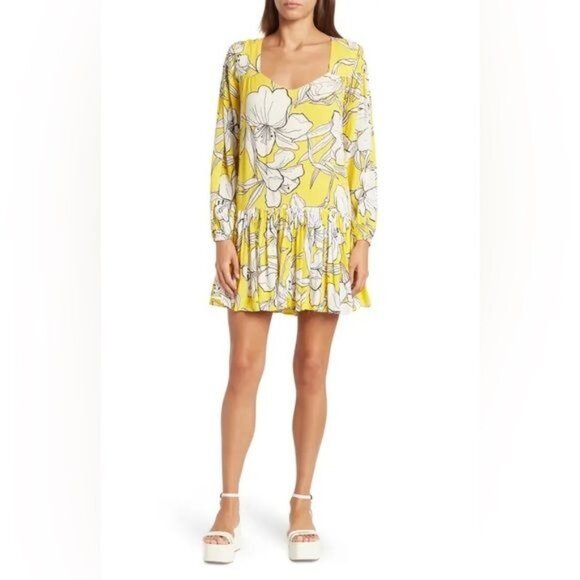 WALTER BAKER Lilith Relaxed Long Sleeve Mini Dress in Yellow Floral Print Size L - Picture 4 of 10